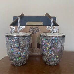 Havana Nights Set of 2 Sparkle Glitter Tumbler Lidded Cups with Straws